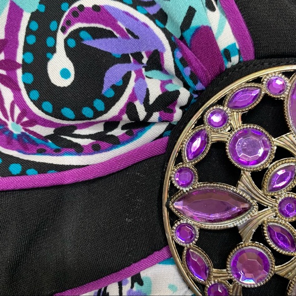 Rare Vintage Y2K Blue & Purple Paisley Floral V-Neck Dress Metal Jewel Waist - Picture 4 of 13